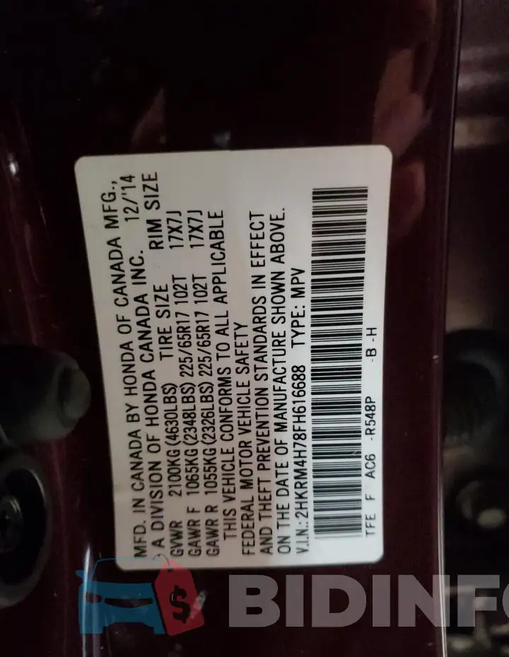 2HKRM4H78FH616688 Photo# 13