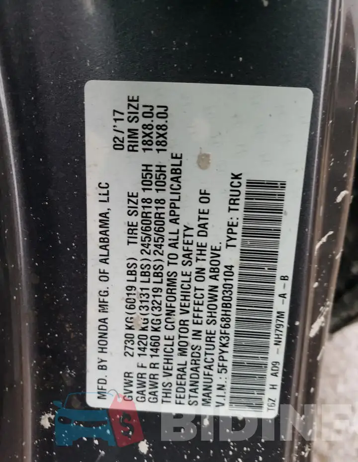 5FPYK3F68HB030104 Photo# 13