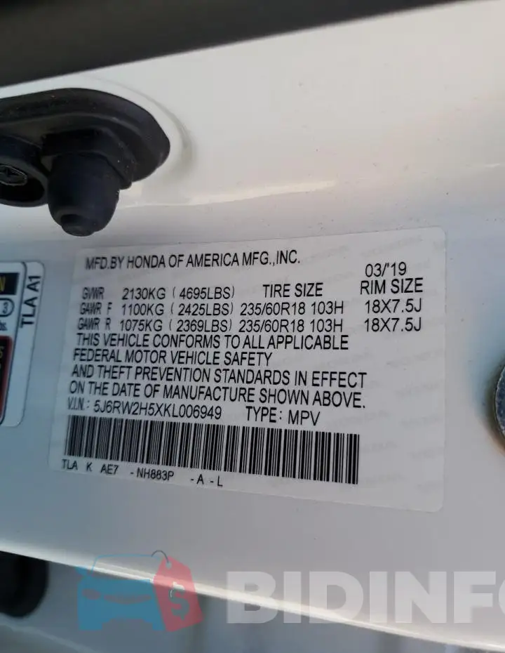 5J6RW2H5XKL006949 Photo# 14