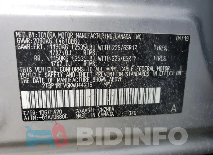2T3P1RFV6KW044215 Photo# 13
