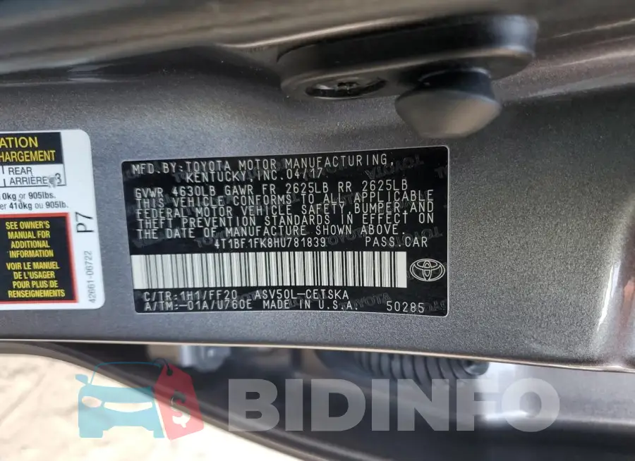 4T1BF1FK8HU781839 Photo# 12
