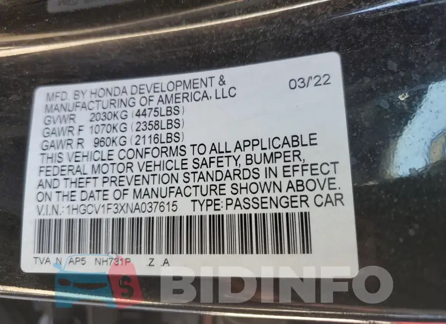 1HGCV1F3XNA037615 Photo# 13