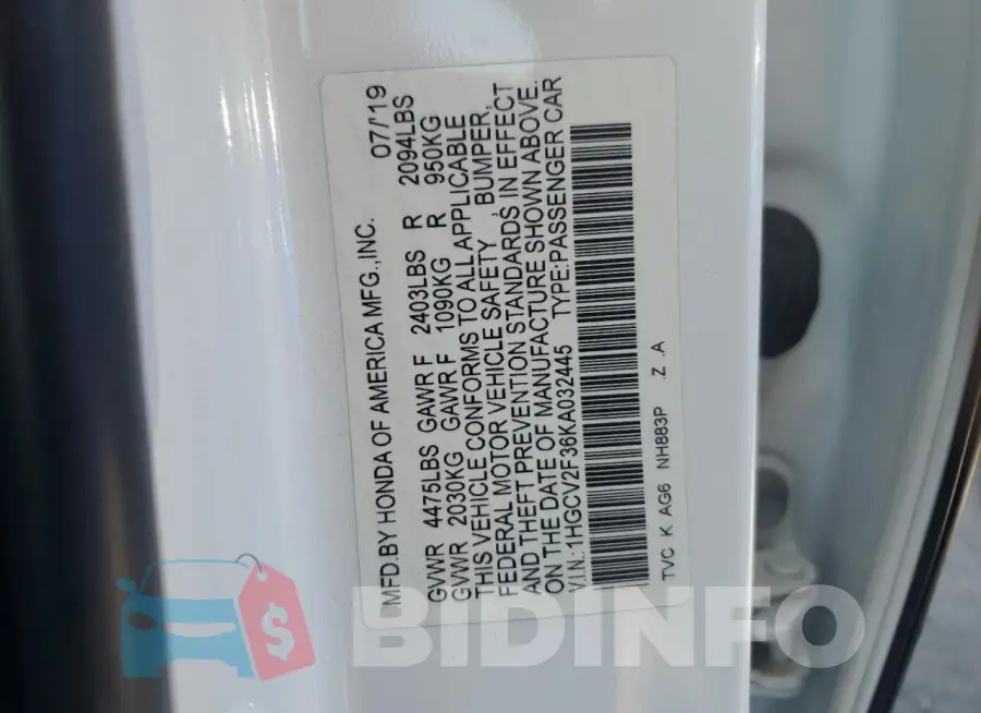 1HGCV2F36KA032445 Photo# 12