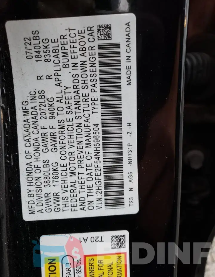 2HGFE2F54NH596504 Photo# 12