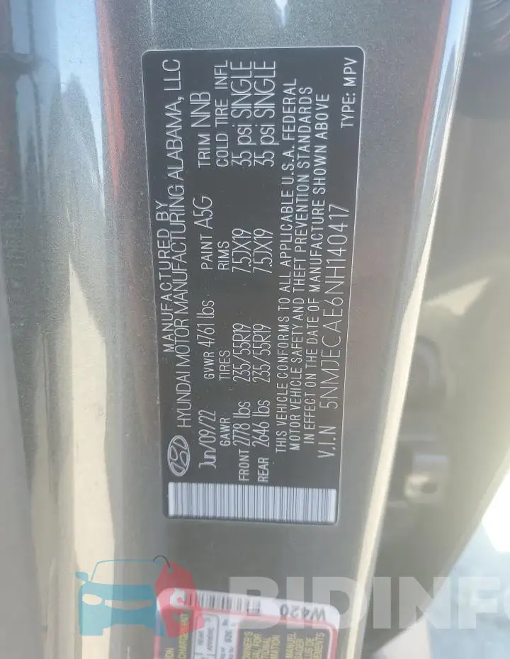 5NMJECAE6NH140417 Photo# 14