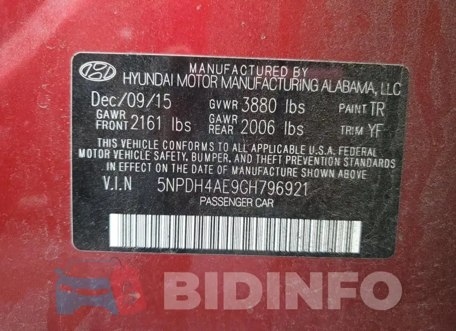 5NPDH4AE9GH796921 Photo# 12