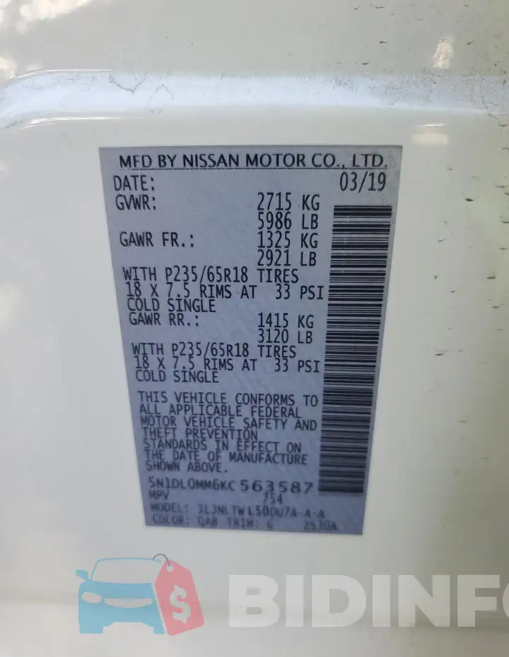 5N1DL0MM6KC563587 Photo# 13