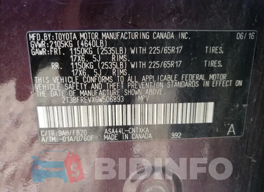 2T3BFREVXGW506893 Photo# 13