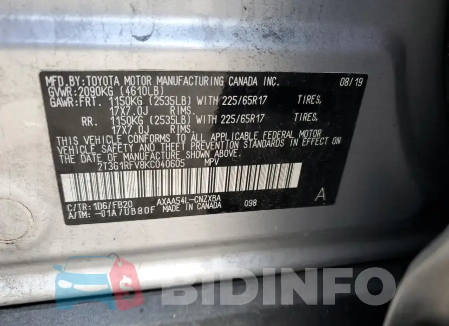 2T3G1RFV8KC040605 Photo# 13
