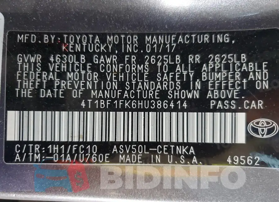 4T1BF1FK6HU386414 Photo# 12