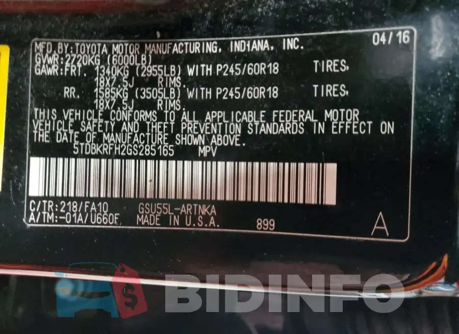 5TDBKRFH2GS285165 Photo# 14