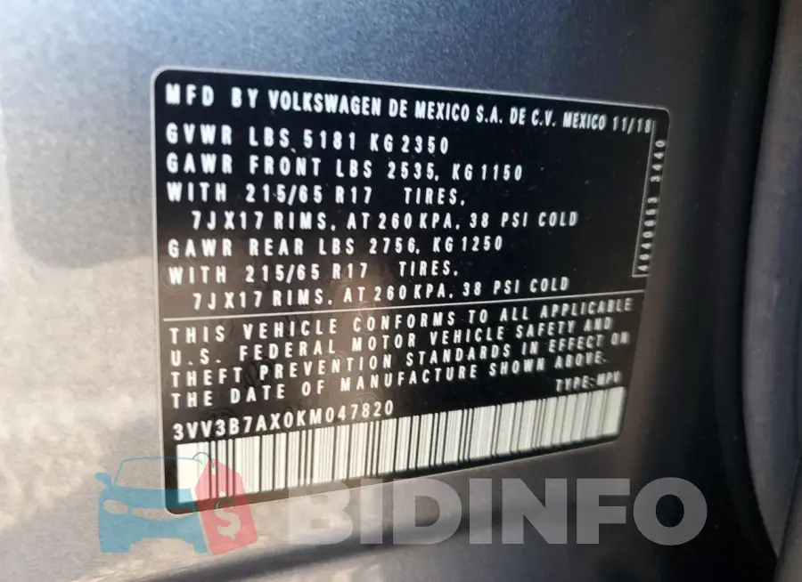 3VV3B7AX0KM047820 Photo# 13