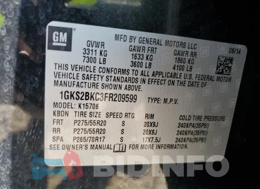 1GKS2BKC3FR209599 Photo# 13