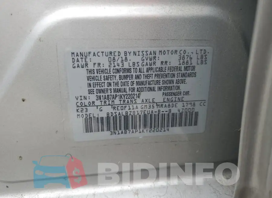 3N1AB7AP1KY220214 Photo# 13