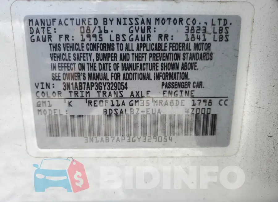 3N1AB7AP3GY329054 Photo# 12