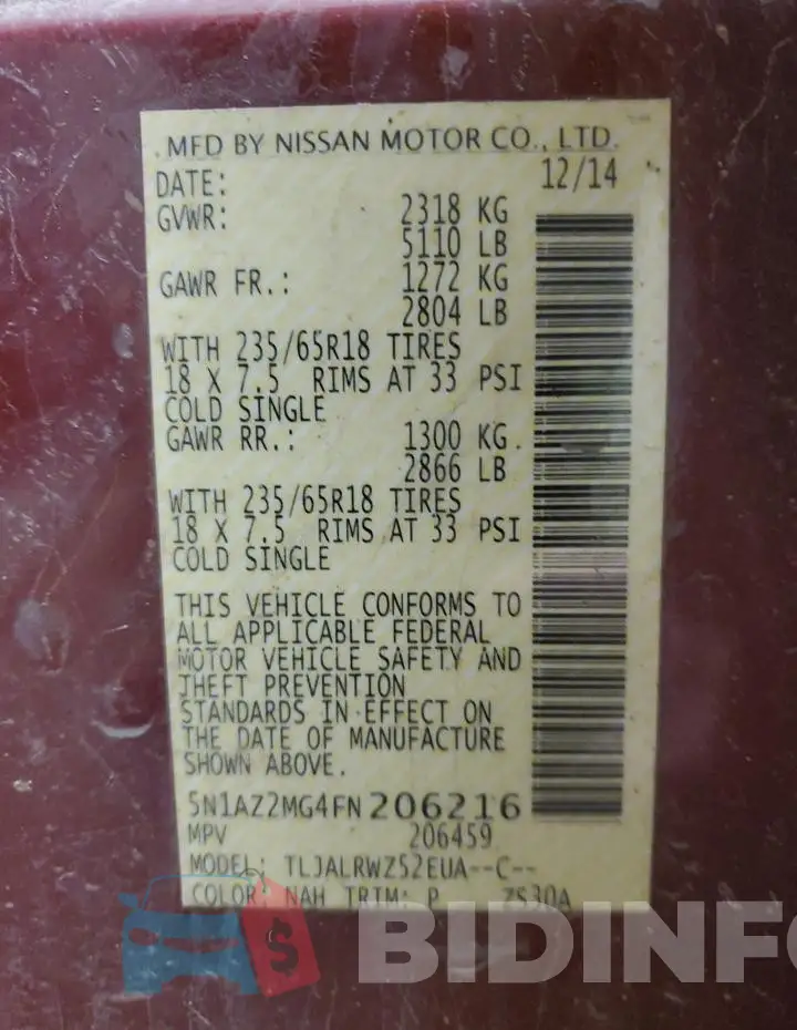 5N1AZ2MG4FN206216 Photo# 14