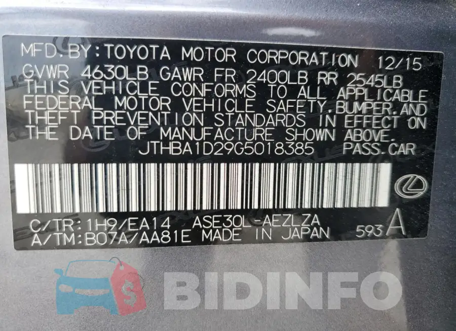 JTHBA1D29G5018385 Photo# 12