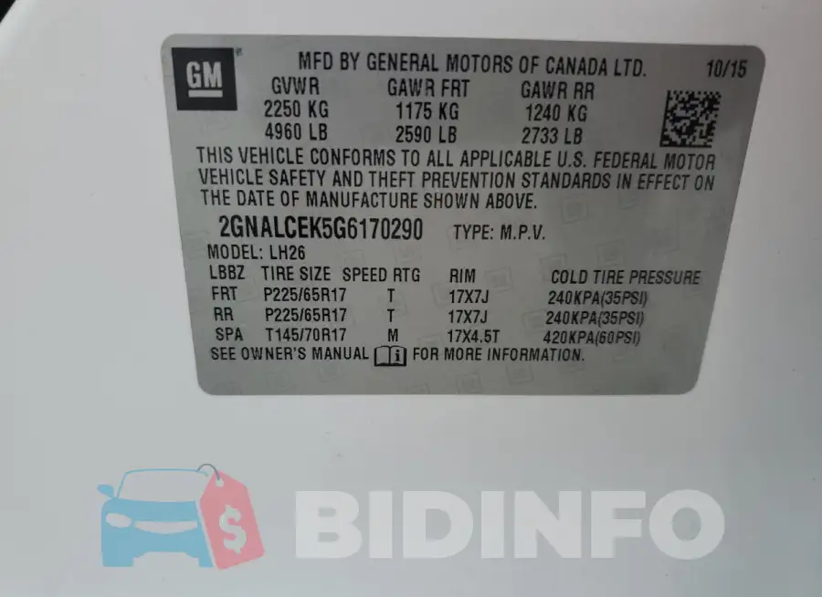 2GNALCEK5G6170290 Photo# 13