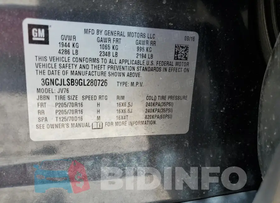 3GNCJLSB9GL280726 Photo# 13