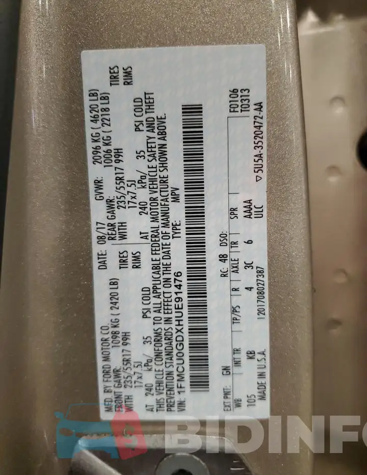 1FMCU0GDXHUE91476 Photo# 14