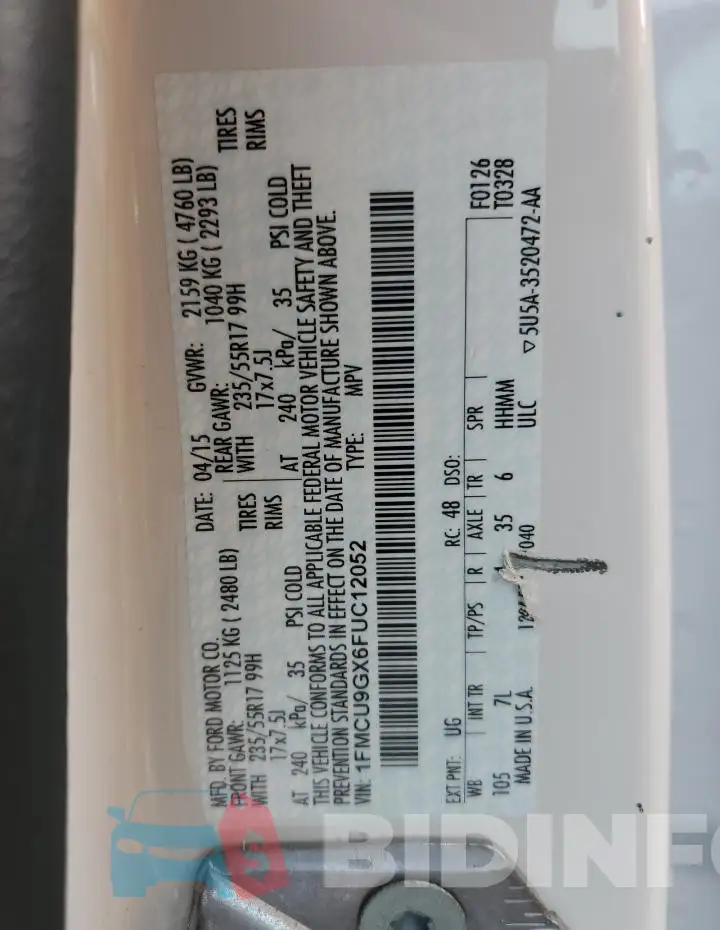 1FMCU9GX6FUC12052 Photo# 12