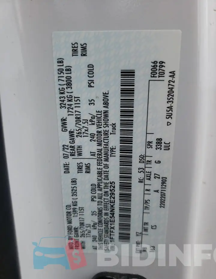 1FTFX1E54NKE29525 Photo# 12