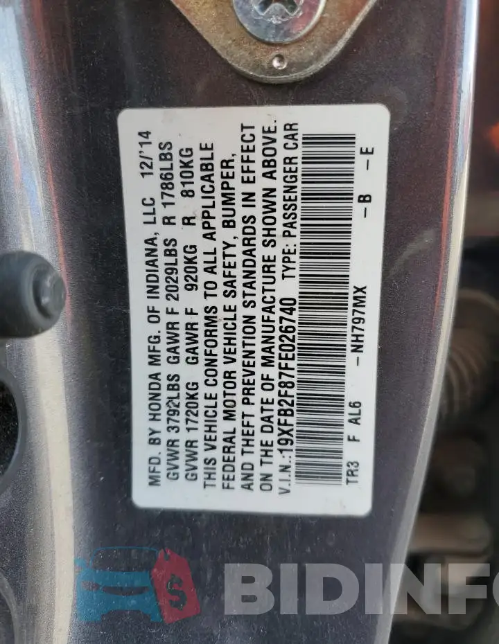 19XFB2F87FE026740 Photo# 13
