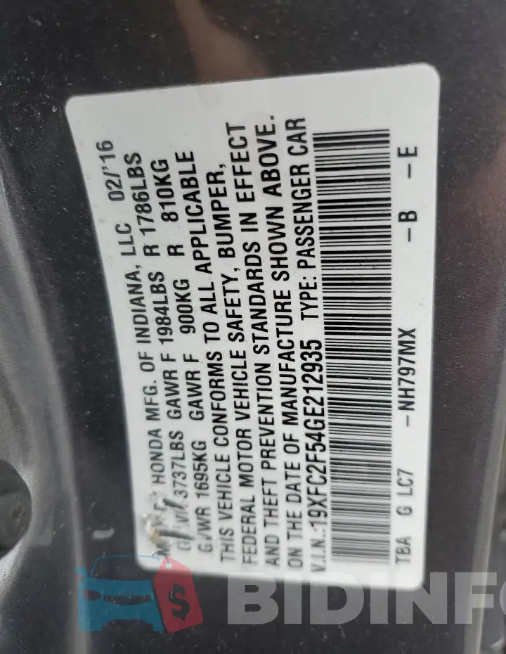 19XFC2F54GE212935 Photo# 13