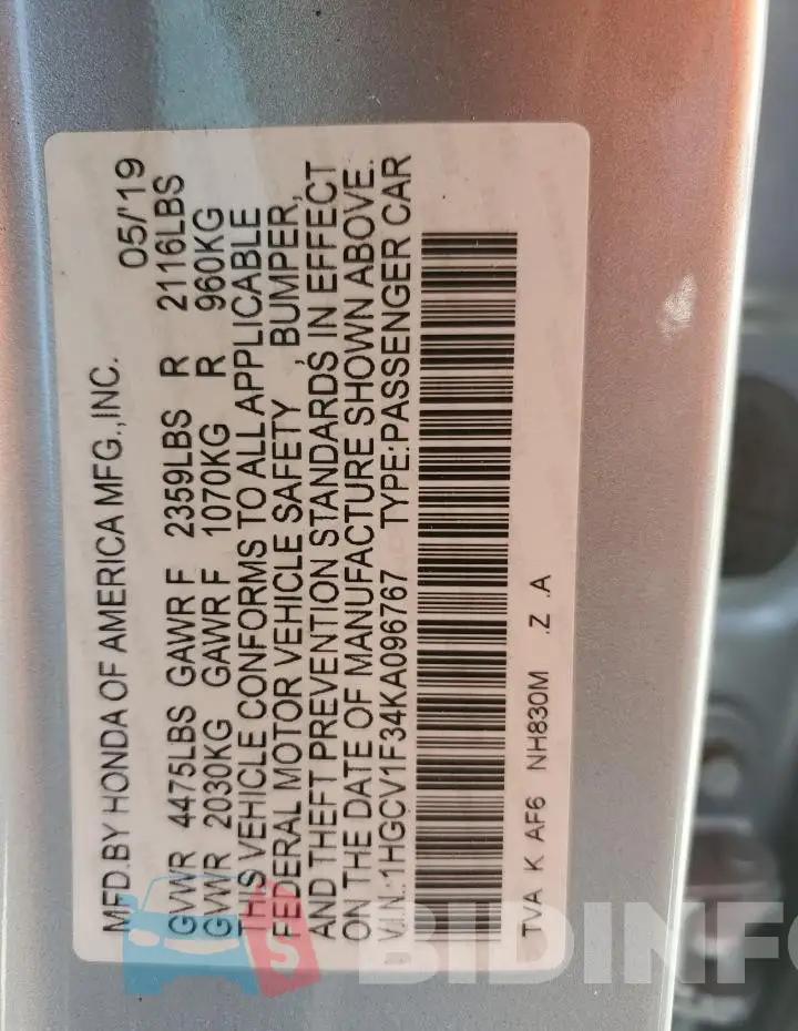 1HGCV1F34KA096767 Photo# 13