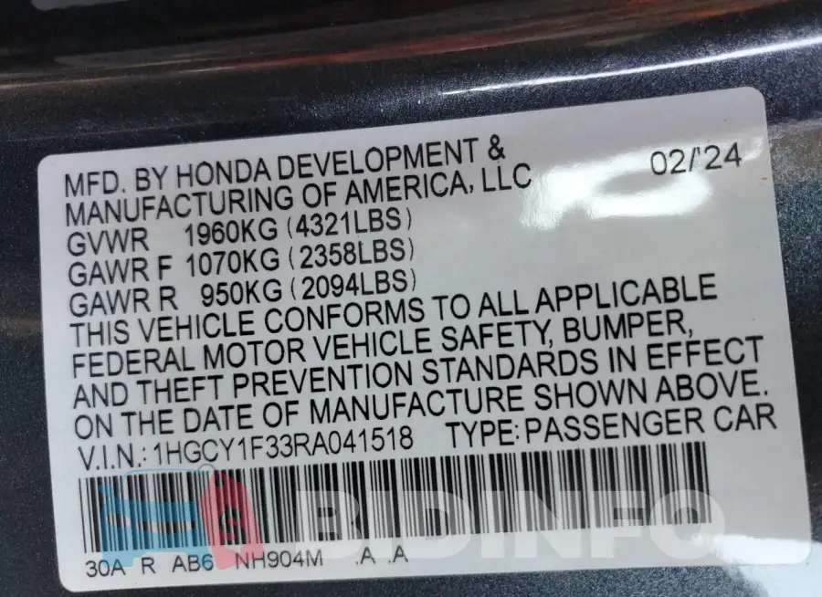1HGCY1F33RA041518 Photo# 13