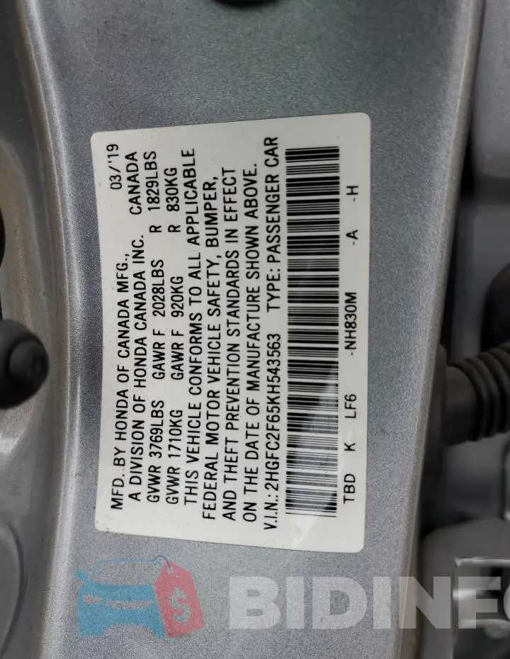 2HGFC2F65KH543563 Photo# 12