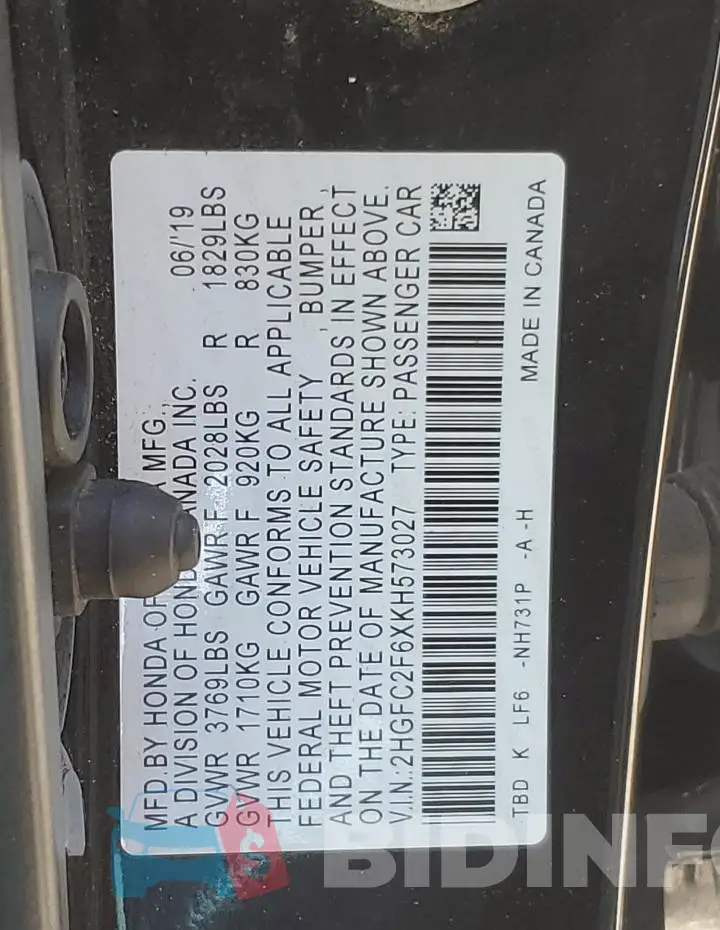 2HGFC2F6XKH573027 Photo# 12