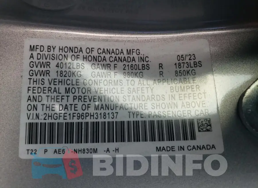 2HGFE1F96PH318137 Photo# 12