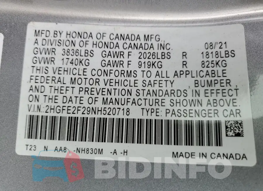 2HGFE2F29NH520718 Photo# 12