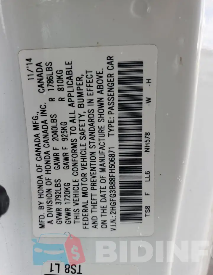 2HGFG3B88FH506871 Photo# 12