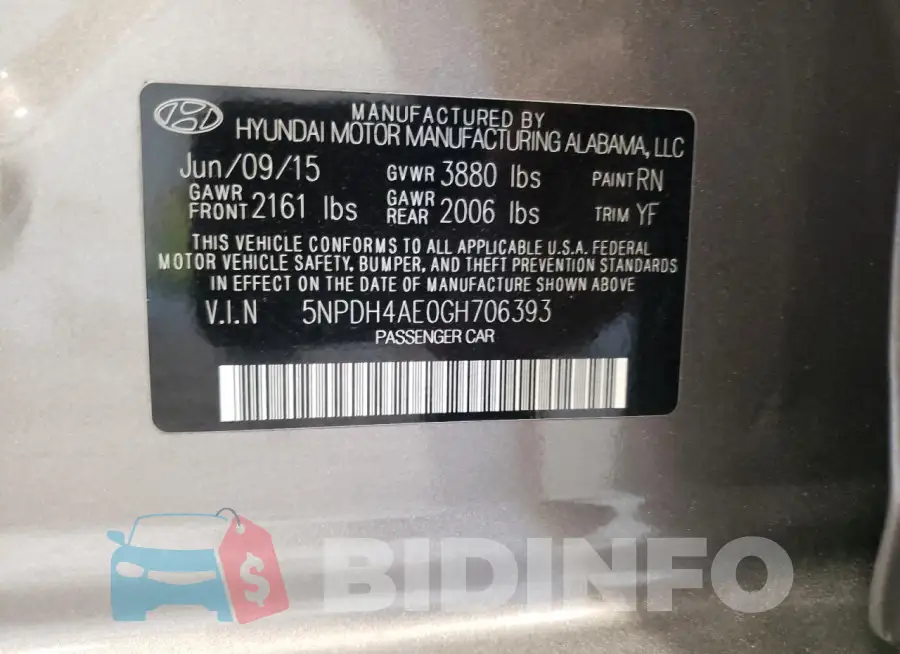 5NPDH4AE0GH706393 Photo# 12
