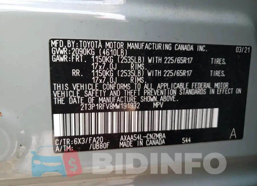 2T3P1RFV8MW191932 Photo# 13