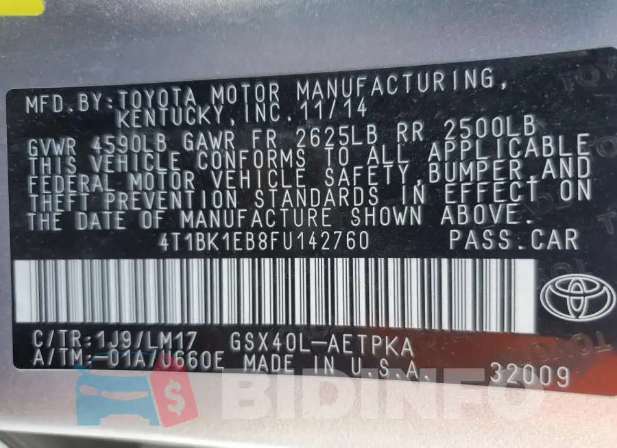 4T1BK1EB8FU142760 Photo# 12