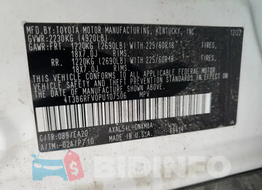 4T3B6RFV0PU107506 Photo# 13