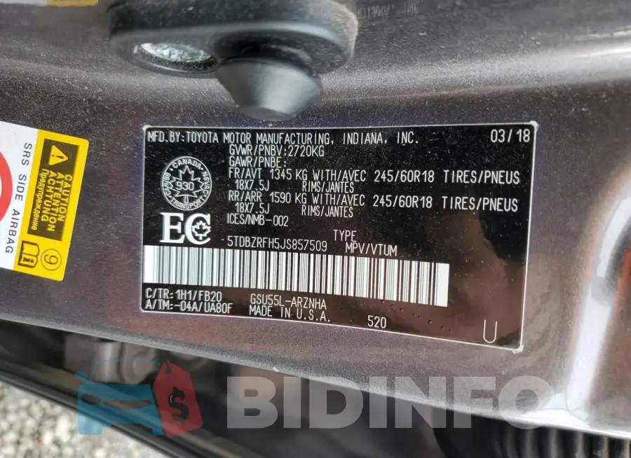 5TDBZRFH5JS857509 Photo# 13