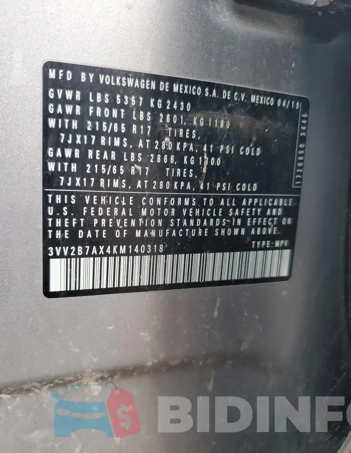 3VV2B7AX4KM140318 Photo# 13