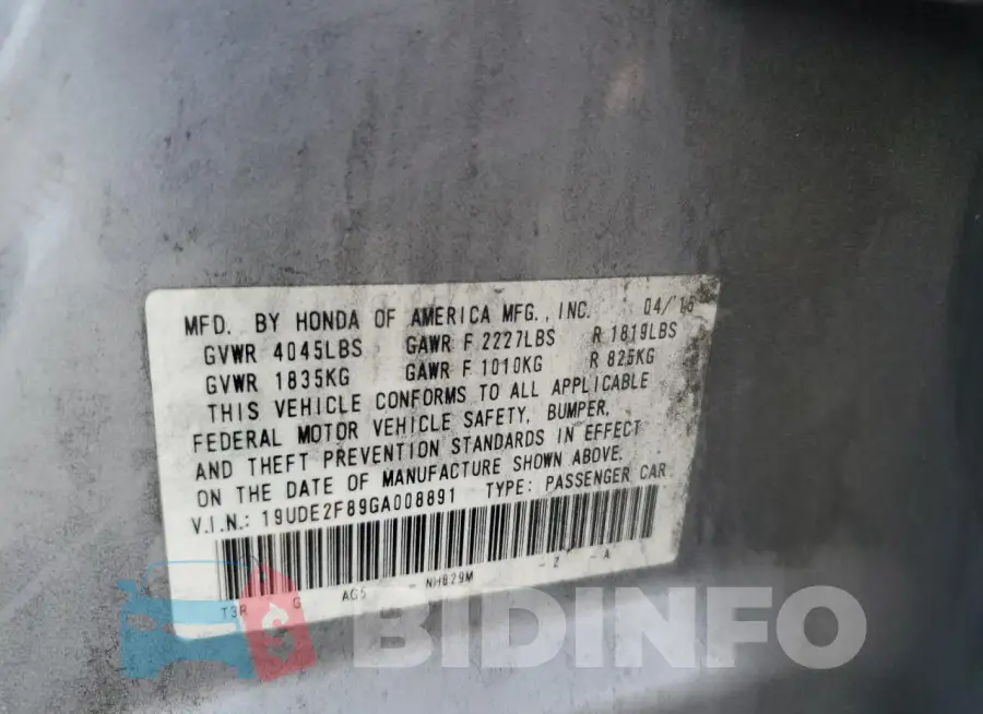 19UDE2F89GA008891 Photo# 13