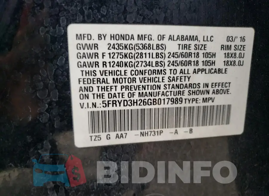 5FRYD3H26GB017989 Photo# 13