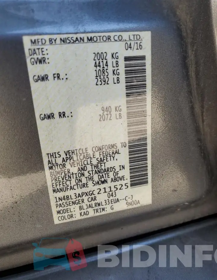 1N4BL3APXGC211525 Photo# 12