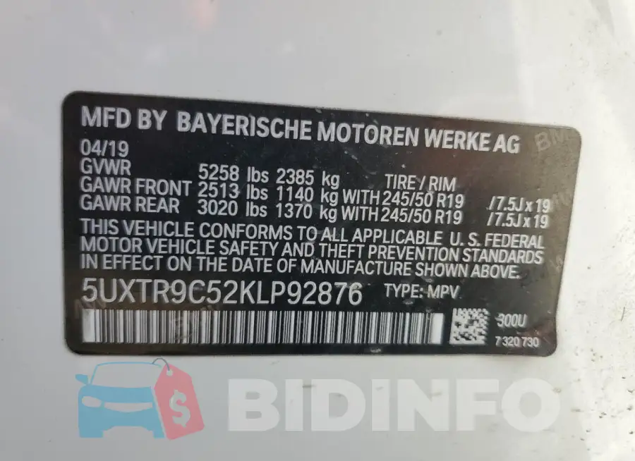 5UXTR9C52KLP92876 Photo# 14