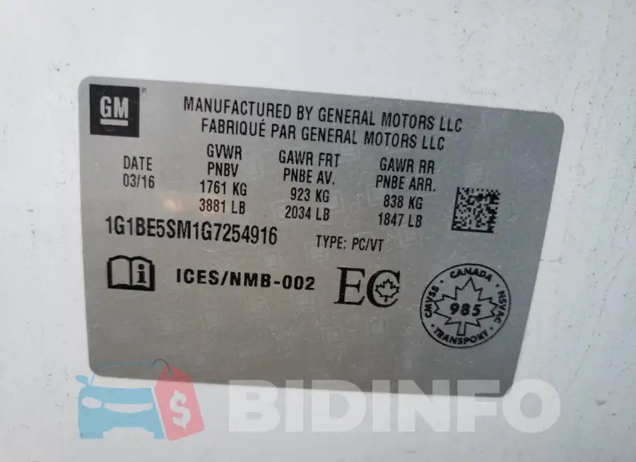 1G1BE5SM1G7254916 Photo# 12