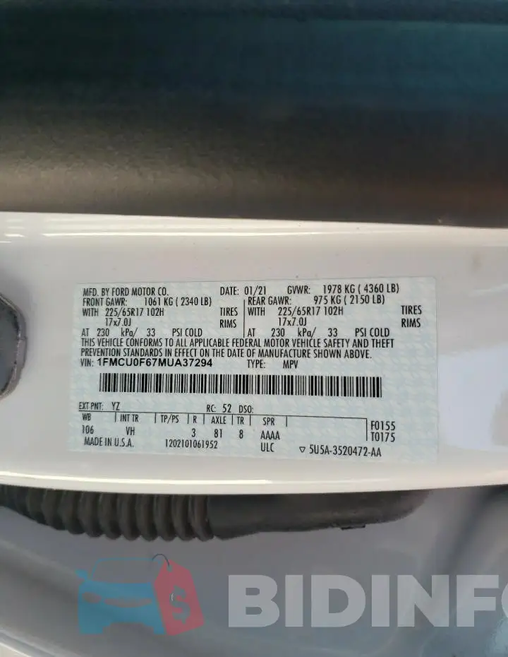 1FMCU0F67MUA37294 Photo# 13