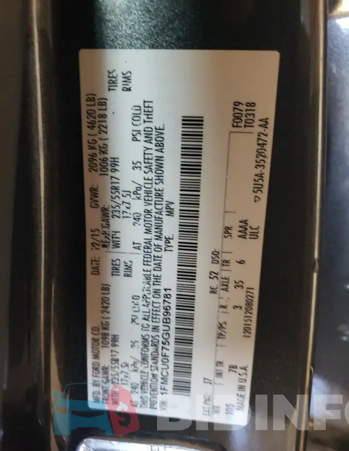 1FMCU0F75GUB96781 Photo# 12