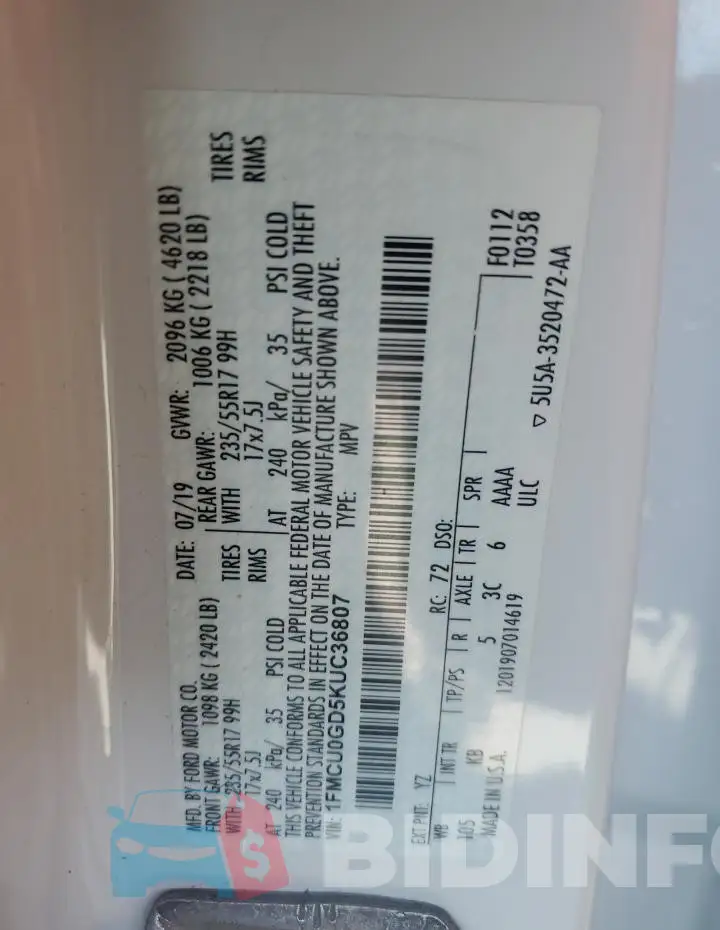 1FMCU0GD5KUC36807 Photo# 13