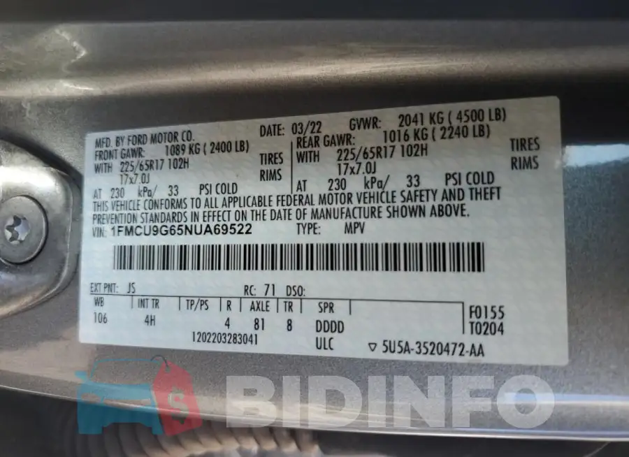 1FMCU9G65NUA69522 Photo# 13